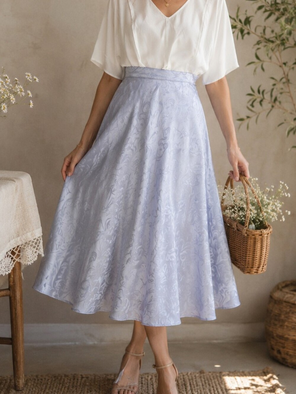 V I N T A G E:: Blue Satin Midi Skirt